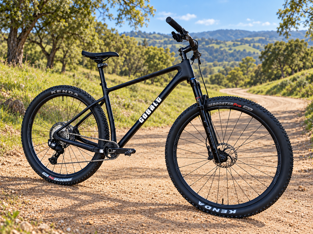 Matte black Cobalt Diablo hardtail with white decals on a mountain trail