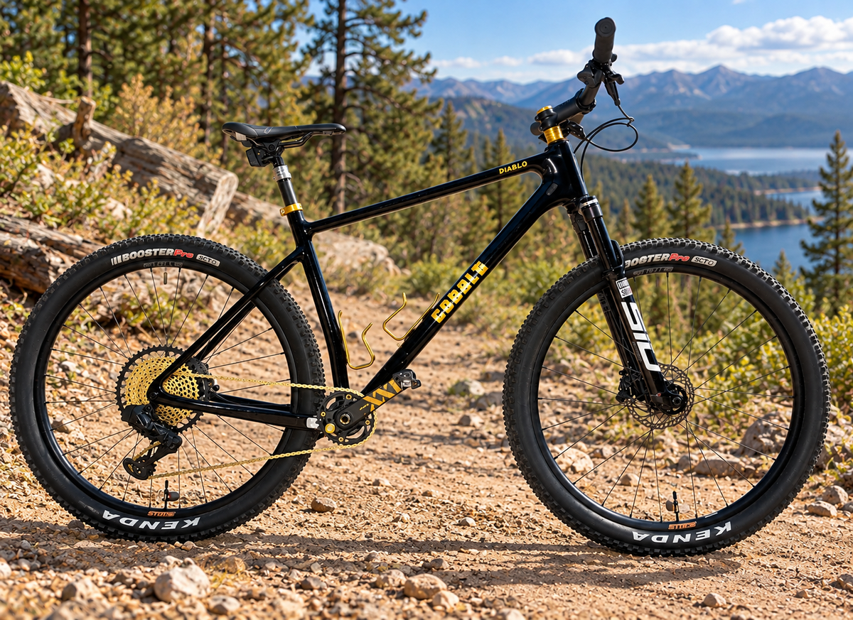 Cobalt Diablo black-and-gold mountain bike beside an alpine lake