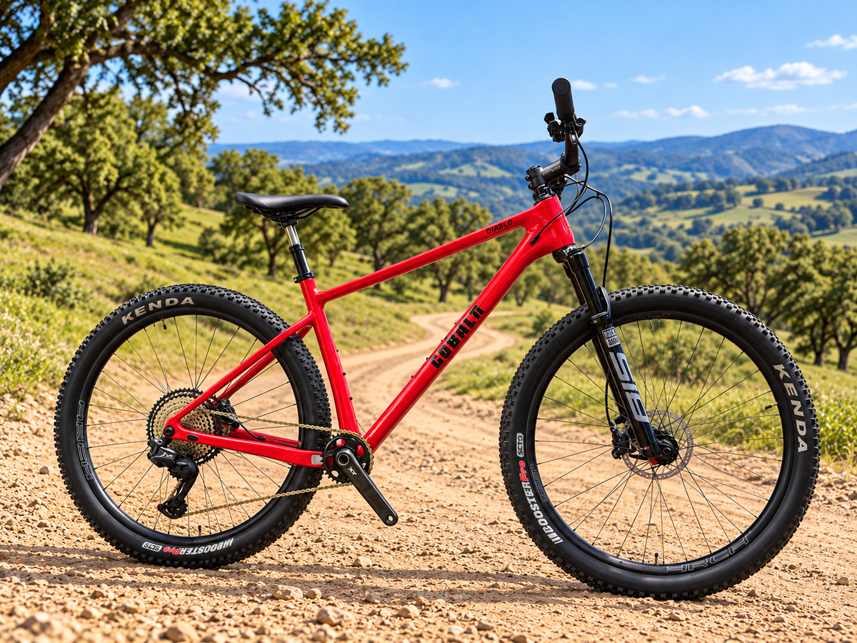 Red Cobalt Diablo hardtail on a tree-lined dirt road through rolling hills