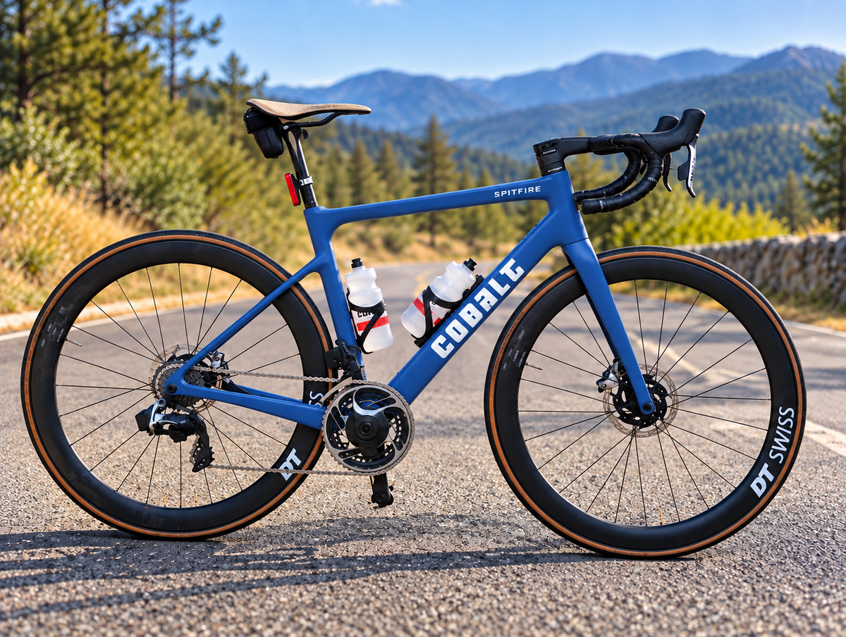 Blue Cobalt Spitfire road bike on a scenic mountain road