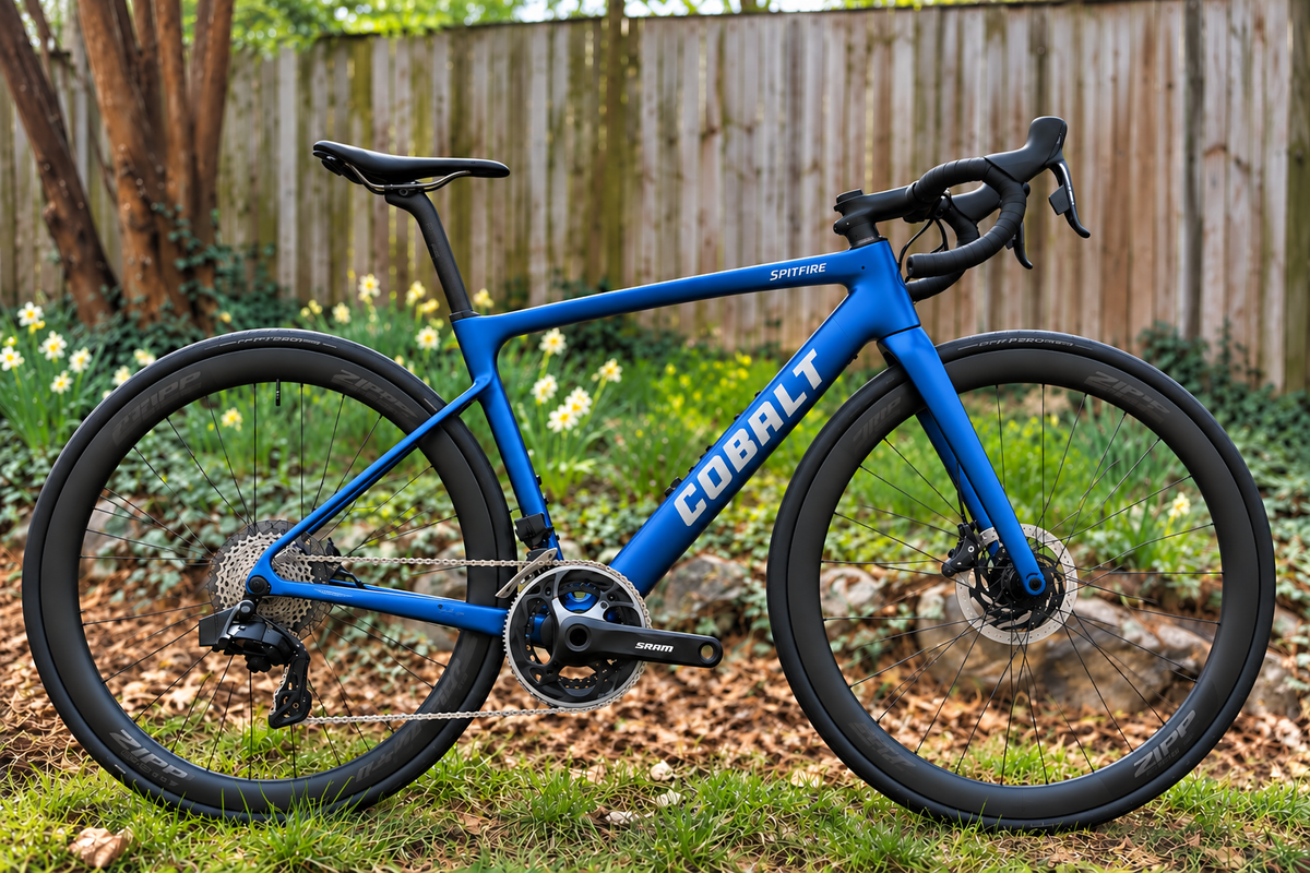 Cobalt Spitfire carbon road bike in blue with SRAM AXS build
