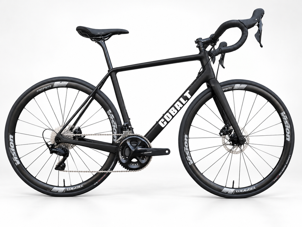Cobalt Spitfire matte black carbon road bike with white Cobalt graphics on a white studio background