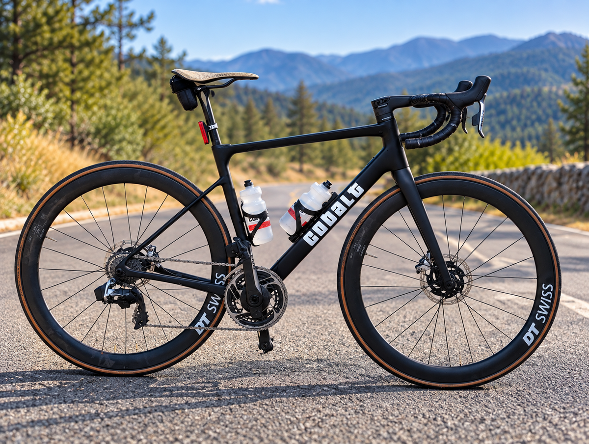 Matte black Cobalt Spitfire road bike on a mountain road