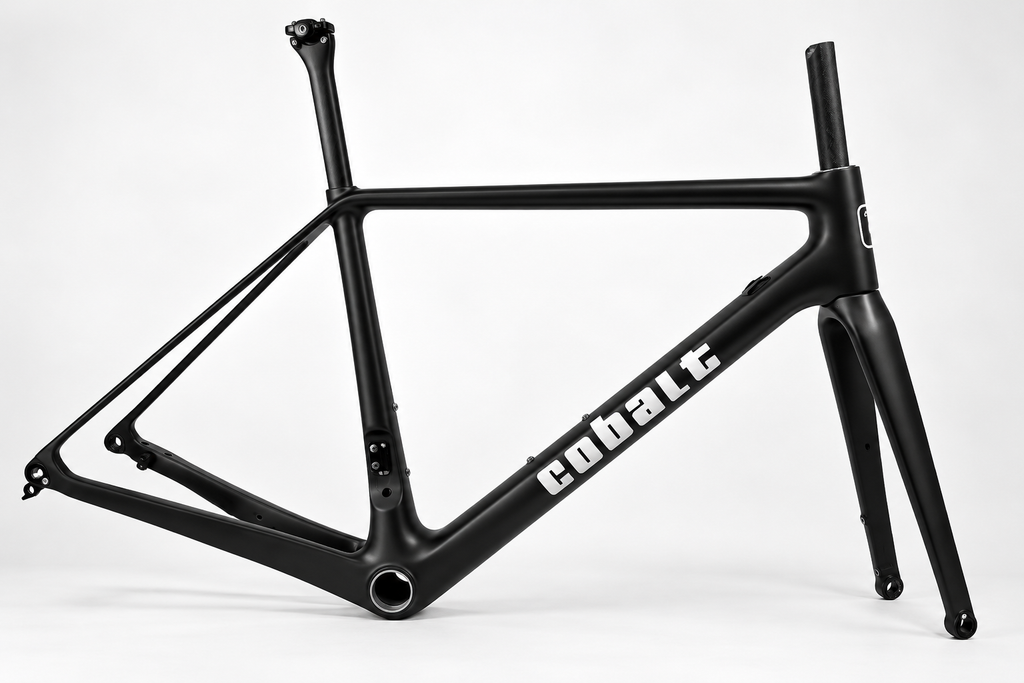 Cobalt Spitfire matte black carbon road frameset with white Cobalt graphics