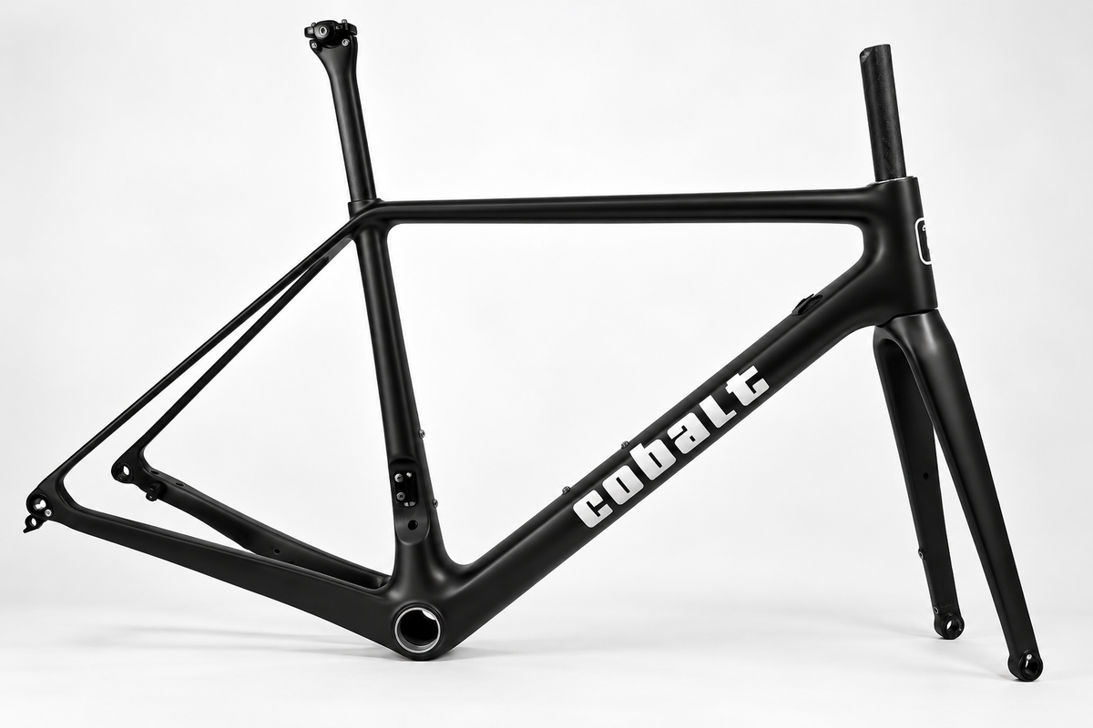 Cobalt Spitfire matte black carbon road frameset with white Cobalt graphics