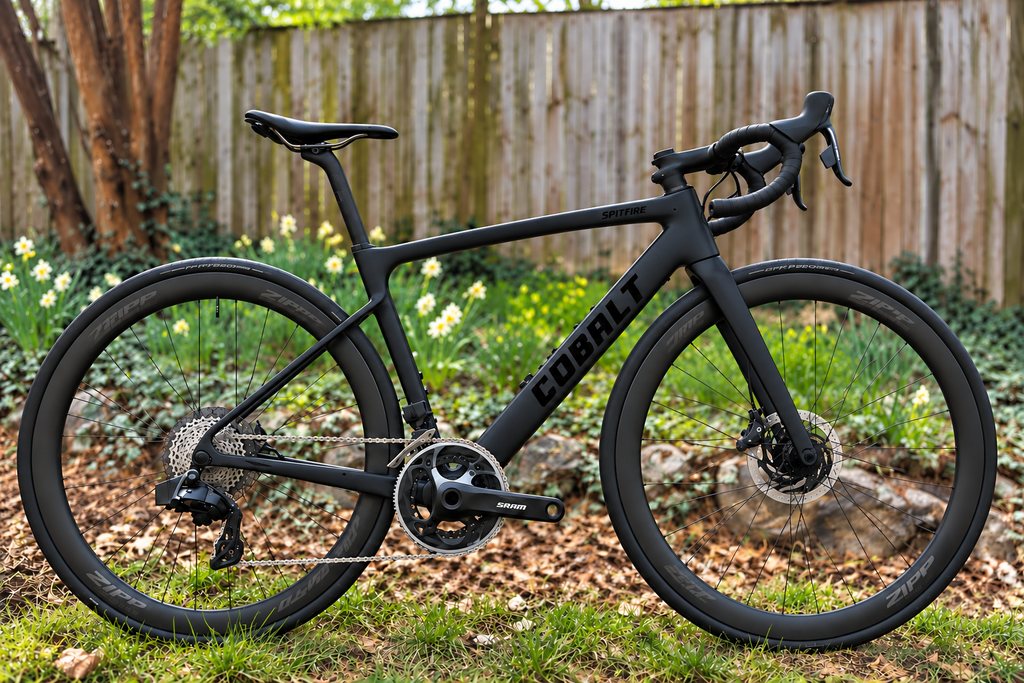 Cobalt Spitfire carbon road bike in Stealth Black with gloss black decals