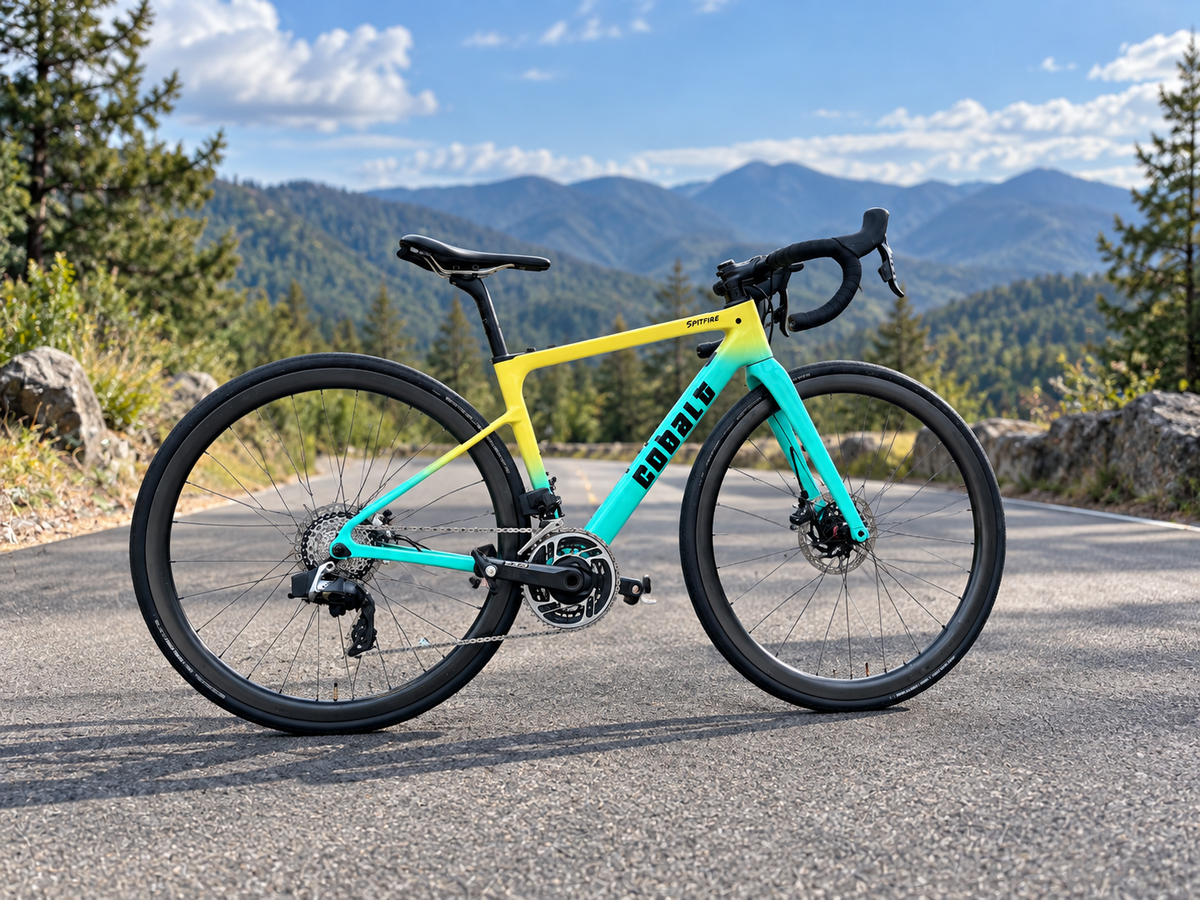 Yellow and aqua Cobalt Spitfire road bike on a mountain road