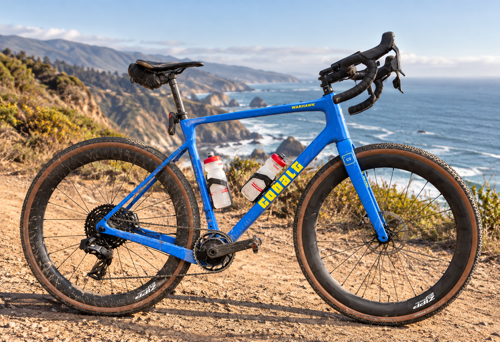 Blue Cobalt Warhawk gravel bike on a coastal dirt road