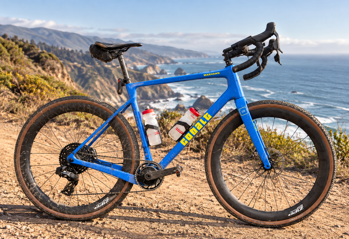 Blue Cobalt Warhawk gravel bike on a coastal dirt road