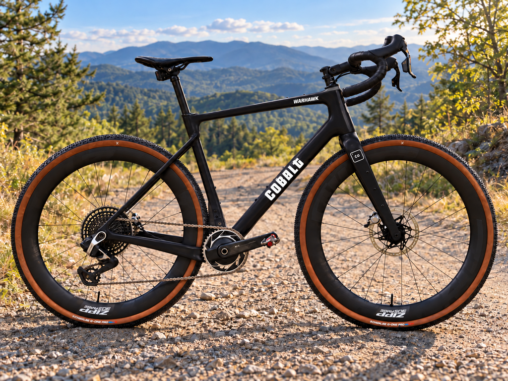 Matte black Cobalt Warhawk gravel bike on a Blue Ridge Mountains gravel road